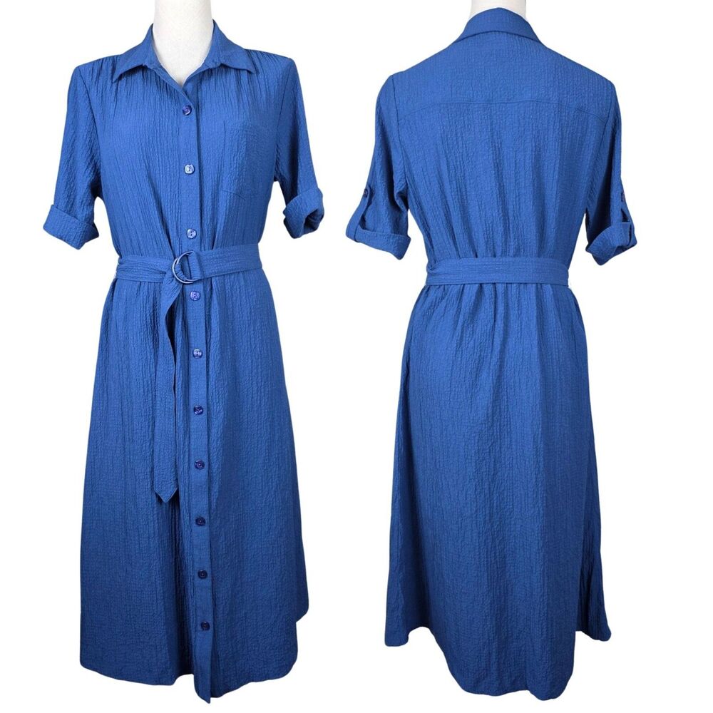 Drapers and Damons Blue Full Button Flowy Gauzy Dress Belted Career Casual